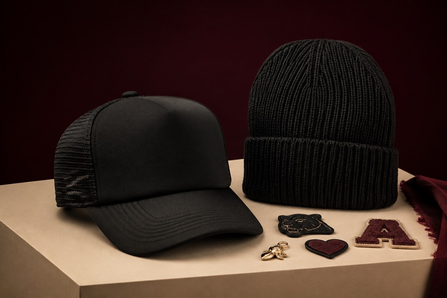 Black trucker hat and knit beanie ready for customization